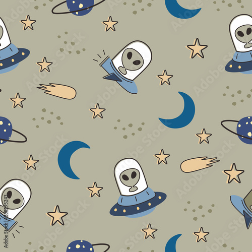 Childish seamless pattern with aliens, ufo in space cosmos cute illustration vector scandinavian style