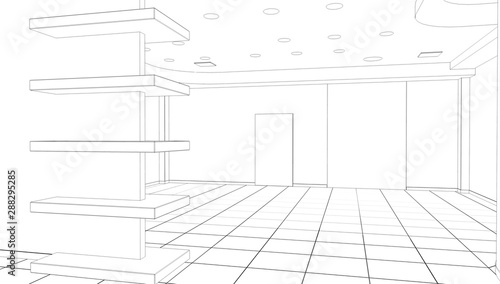 empty pavilion, contour visualization, 3D illustration, sketch, outline