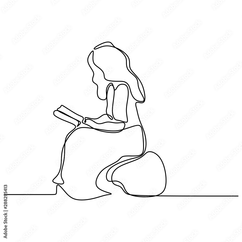 Continuous line drawing teenager girl reading book vector illustration ...