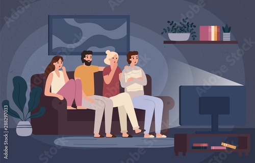 Friends watching horror movie together. Scared teens sitting on sofa and watch scary movie in dark living room. Fear face characters, young people watching film and afraid vector illustration