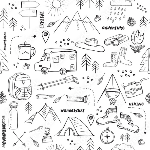 Seamless pattern with hand drawn elements related to hiking, camping and travelling