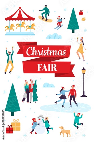 Christmas fair. Winter holiday poster, snow festival and xmas celebration. 2020 outdoor fair flyer or announcement banner, New Year market event invitation card vector illustration
