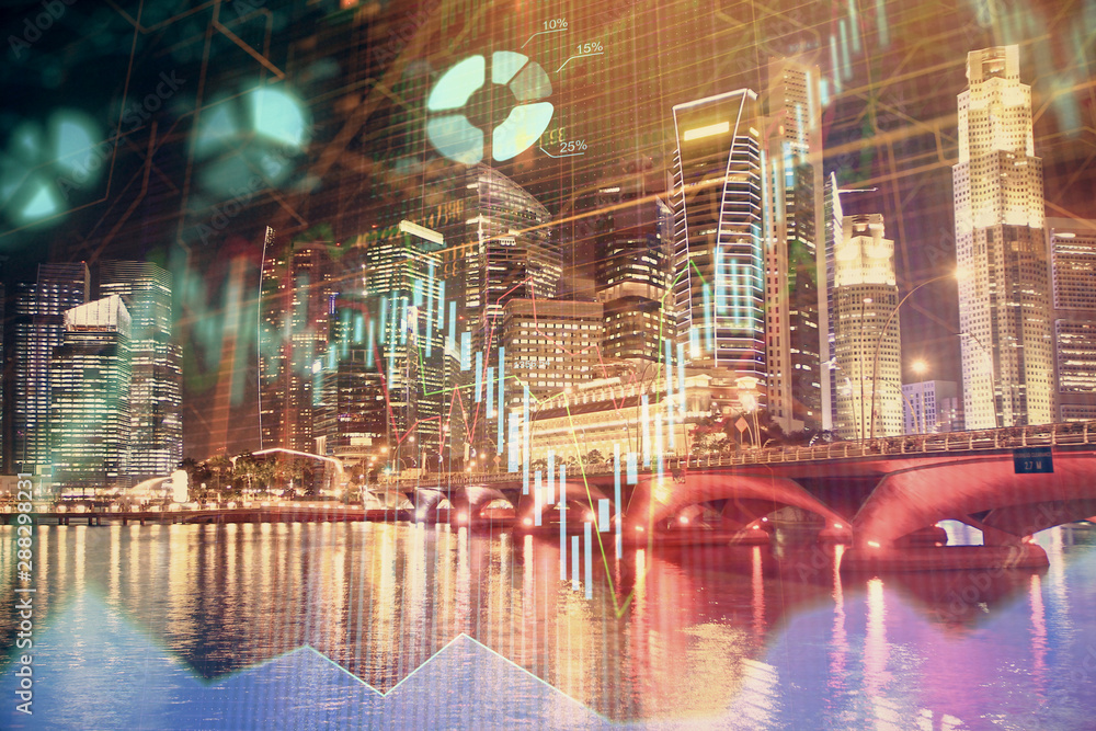 Financial chart on city scape with tall buildings background multi exposure. Analysis concept. Financial chart on city scape with tall buildings background multi exposure. Analysis concept.