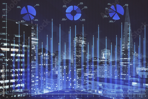 Photography Financial graph on night city scape with tall buildings background multi exposure
