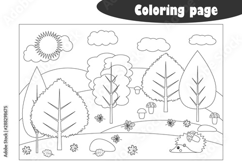 Forest in cartoon style, autumn black white coloring page, education paper game for the development of children, kids preschool activity, printable worksheet, vector illustration