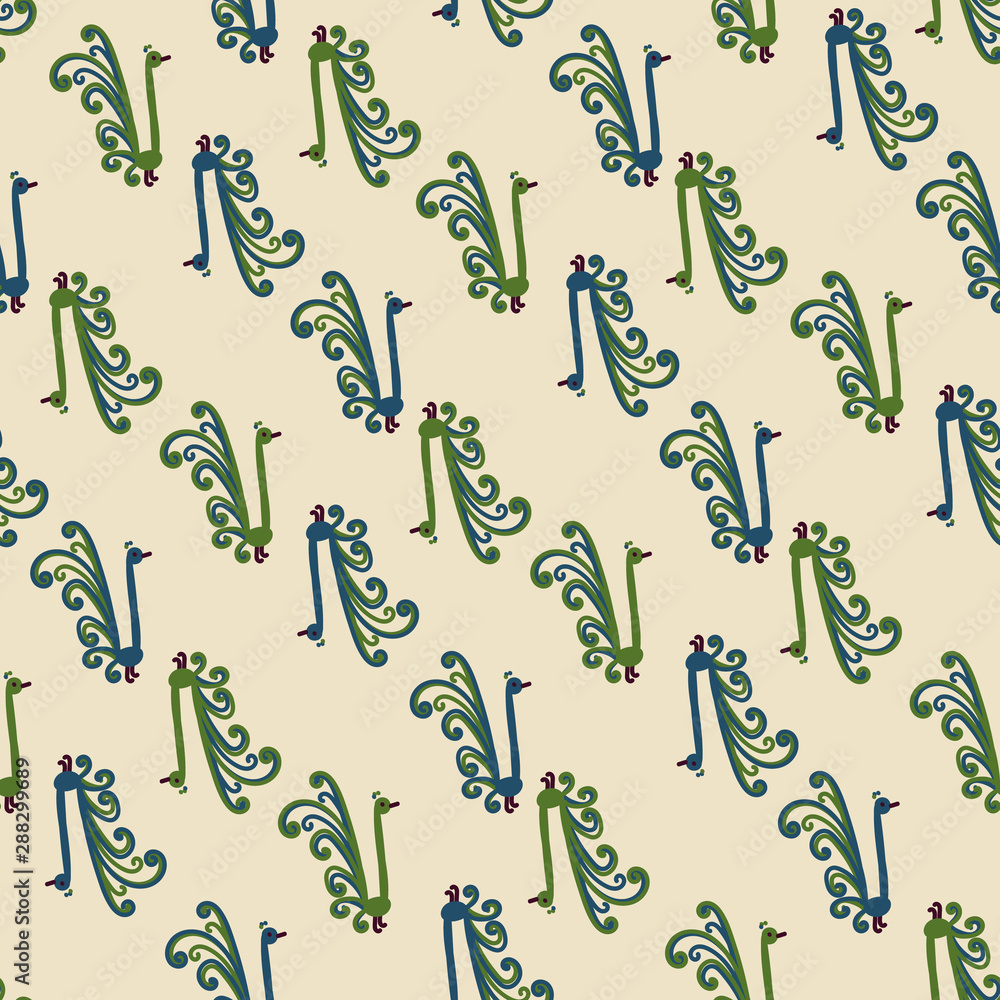 A seamless vector pattern with stylized cute peacock characters. Surface print design. A seamless vector pattern with stylized cute peacock characters. Surface print design.