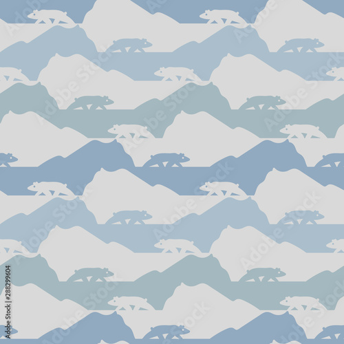 A seamless vector striped pattern with artic landscape and polar bears silhouettes. Surface print design.