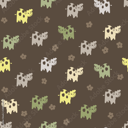 Fototapeta Naklejka Na Ścianę i Meble -  A seamless vector pattern with group of friendly cows on a dark background. Surface print design.