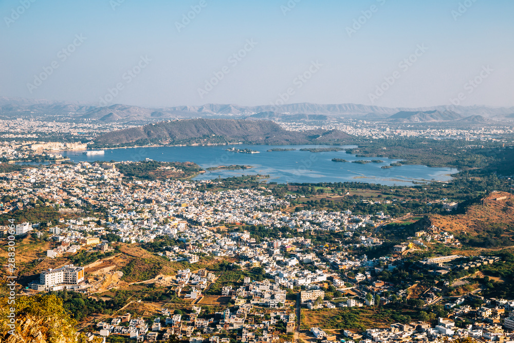 Pichola Lake and old town panoramic view from Monsoon Palace in Udaipur, India