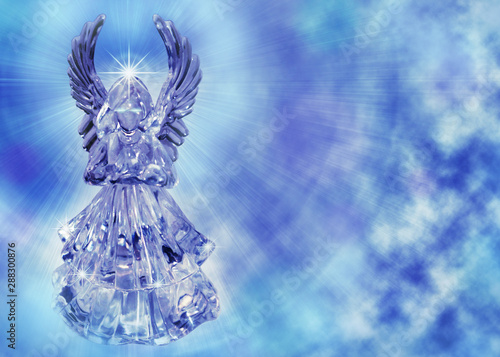 Illustration of a glass angel in the clouds.