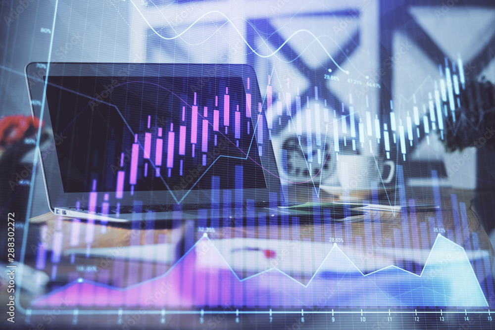 Stock market graph and table with computer background. Multi exposure. Concept of financial analysis. Stock market graph and table with computer background. Multi exposure. Concept of financial analysis.