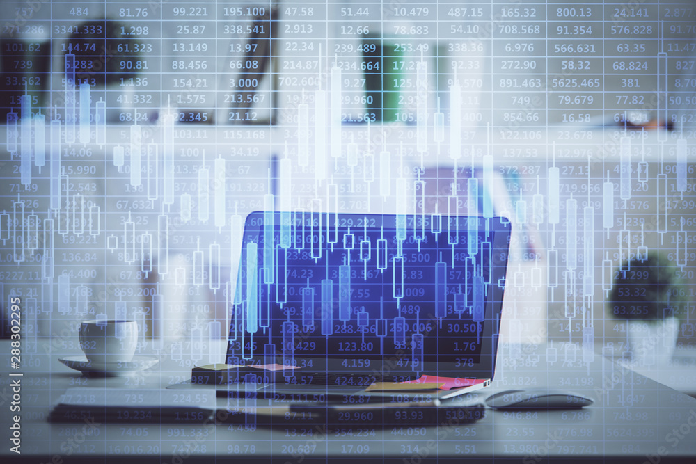 Forex market graph hologram and personal computer on background. Multi exposure. Concept of investment. Forex market graph hologram and personal computer on background. Multi exposure. Concept of investment.