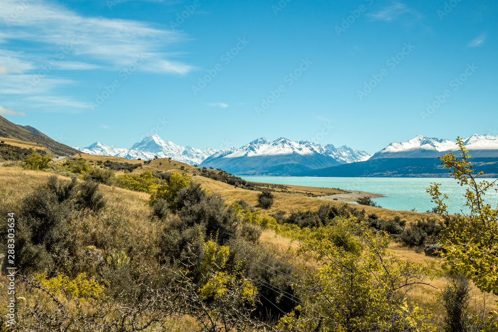 beautiful landscape shot of mount cook and snow covered mountains around in new zealand south island with green countryside in the forground