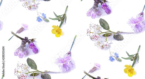 Watercolor painting of spring flower. Seamless mosaic pattern on white