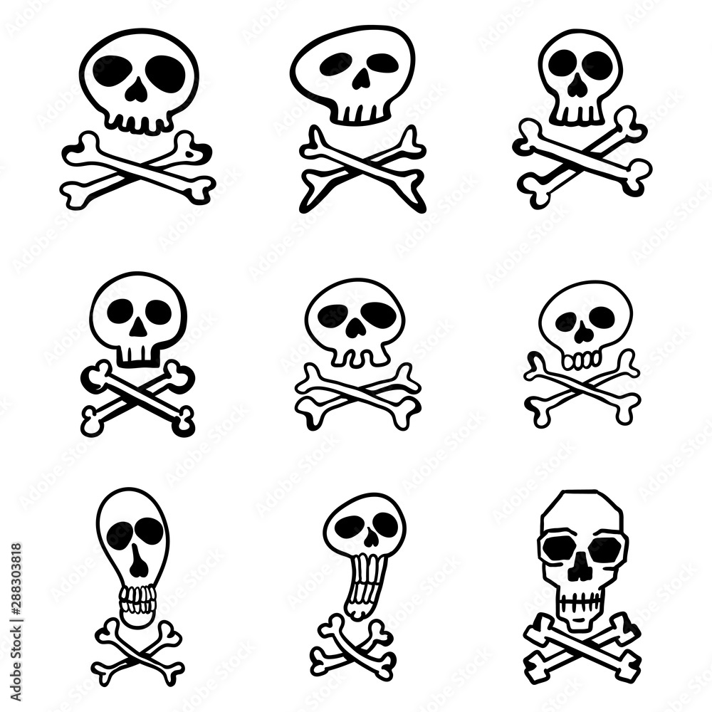 Vector Set of Hand Drawn Doodle Skulls and Crossbones Signs
