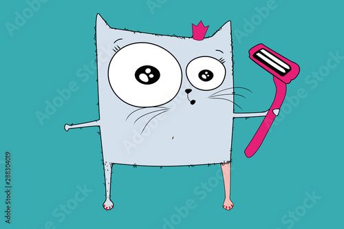 Sketch drawn in vector: cat woman shave hairy legs with a razor in her hands. Illustration before, after