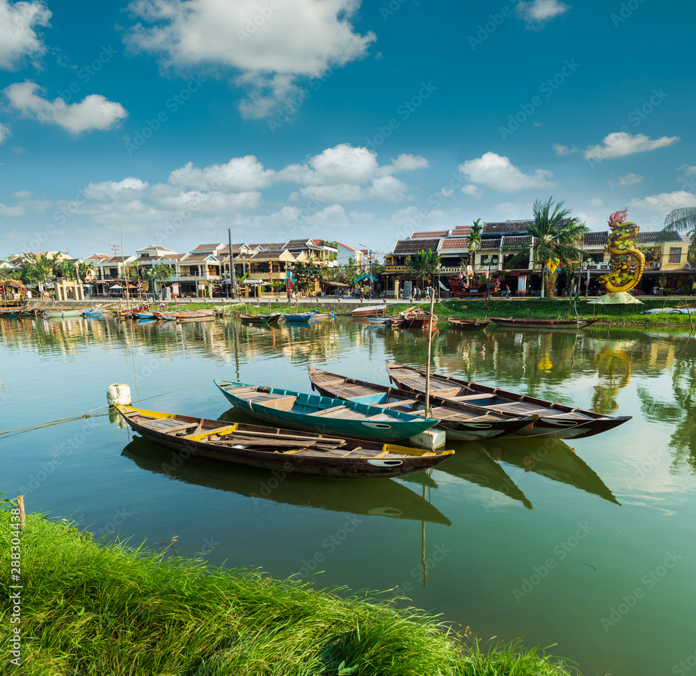 Traditional boats in Hoi An ancient city.  Vietnam 
