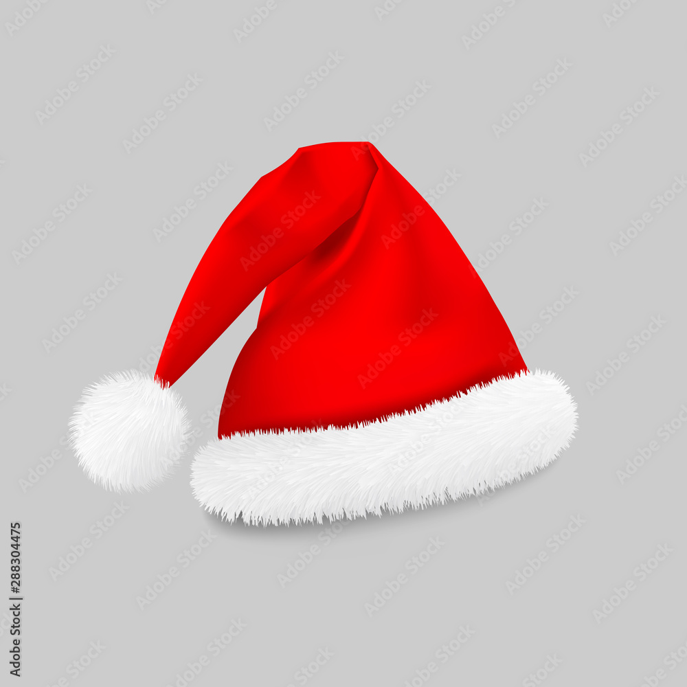 Santa Claus red hat, New Year's costume, Christmas hat on a gray background. Vector Santa Claus red hat, New Year's costume, Christmas hat on a gray background. Vector