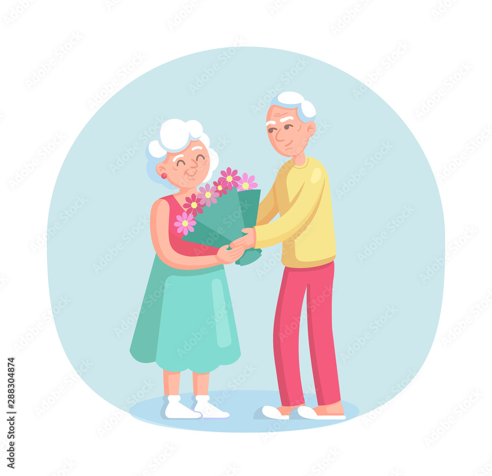 Elderly man gives a large bouquet of flowers to his wife Elderly man gives a large bouquet of flowers to his wife