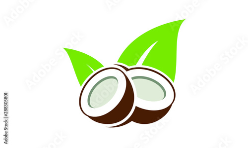 Fresh Coconut Halves with Lush Green Leaves:  Organic, Tropical, Healthy Lifestyle Branding Icon
