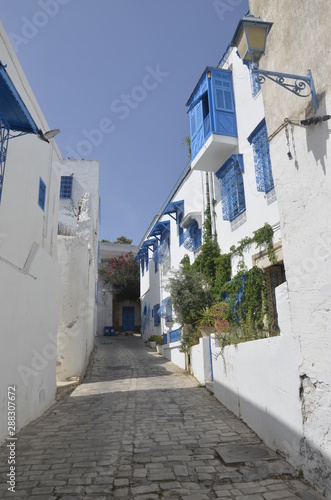 Fototapeta Naklejka Na Ścianę i Meble -  Medina. Cityscape with white blue colored houses in resort town Sidi Bou Said. Arabian culture. Tunisia, North Africa. Background.