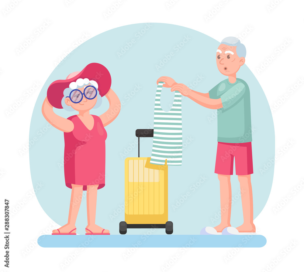 Couple old senior man and woman going on a trip, packing their bags. Grey haired elderly people together cartoon Couple old senior man and woman going on a trip, packing their bags. Grey haired elderly people together cartoon
