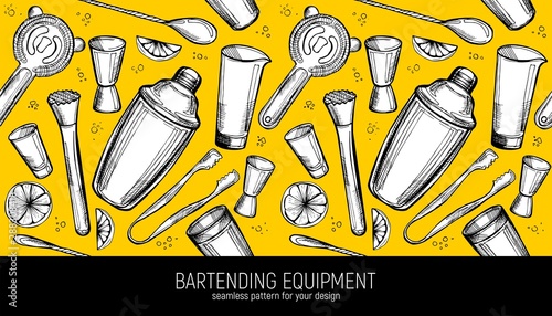 Bartending Equipment seamless pattern. Bar accessories background
