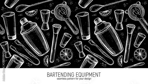 Bartending Equipment seamless pattern. Bar accessories background
