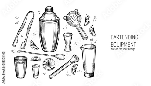 Bartending Equipment set. Shaker, jigger, spoon, mixing glass, muddler, Strainer, ice tongs. Hand drawn sketch. photo
