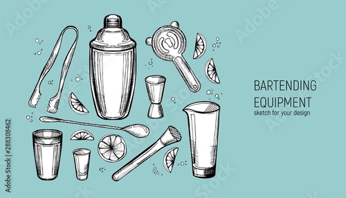 Bartending Equipment set. Shaker, jigger, spoon, mixing glass, muddler, Strainer, ice tongs. Hand drawn sketch.