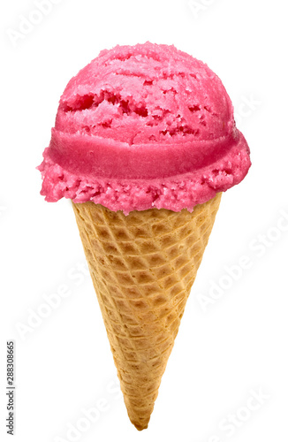 strawberry  ice cream scoop on cone isolated on white background