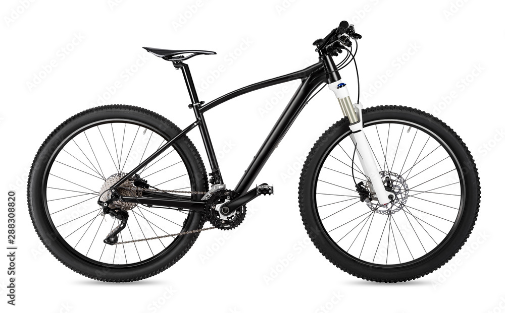 black 650b mountainbike with thick offroad tyres. bicycle mtb cross country aluminum, cycling sport transport concept isolated  white background