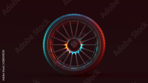 Silver Alloy Rim Wheel 18 Thin Spokes Open Wheel Design with Racing Tyre with Red Blue Moody 80s lighting 3d illustration 3d render