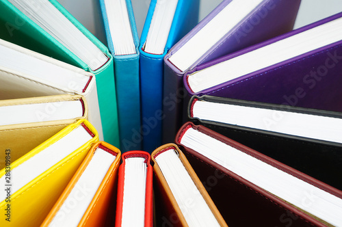 Books for colorful background. A lot of books with bright covers lined in circle. Design element, paper and leather texture, close up  
