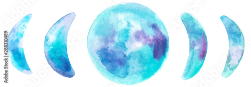 Phases of the moon, vector and watercolor drawing with the stages of waxing, waning, and full moon in teal blue
