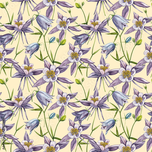 Double Columbine flowers. Seamless pattern. Collection of hand drawn flowers and plants. Watercolor set of flowers and leaves  hand drawn floral illustration isolated on a white background. Botanical