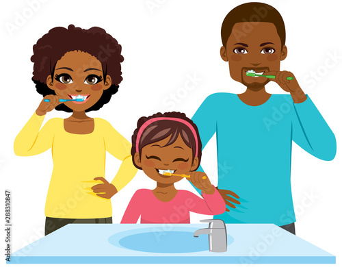 Happy young black family washing teeth together morning routine