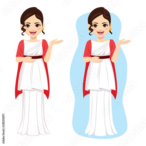 Beautiful young elegant roman woman with classic fashion Rome history dress