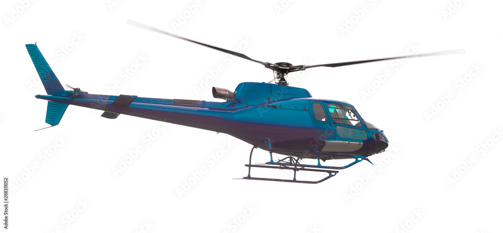 blue helicopter flying on white background