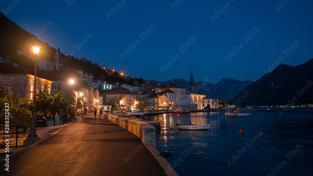 Montenegro - Kotor bay. Night promenade of Perast. 