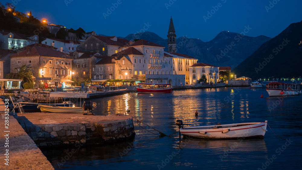 Montenegro - Kotor bay. Night promenade of Perast. 