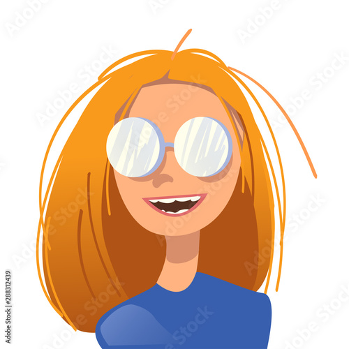 Geek girl face avatar. Student web programmer developer. Young woman in glasses, with red hair smiling. vector illustration
