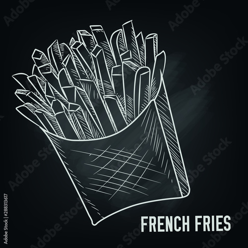 French fries inside paper box. Sketch style hand drawn illustration. Fried potato. Fast food retro artwork. Vector image Isolated on white.