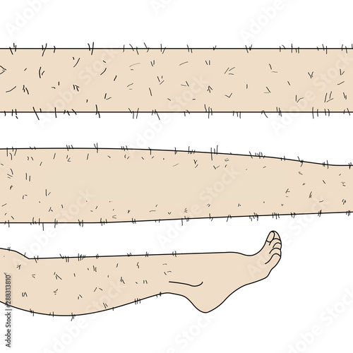 Sketch drawn in vector: woman removes hair from hairy legs with laser hair removal, shaving, waxing, shugaring on an isolated background