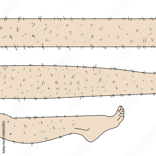 Sketch drawn in vector: woman removes hair from hairy legs with laser hair removal, shaving, waxing, shugaring on an isolated background
