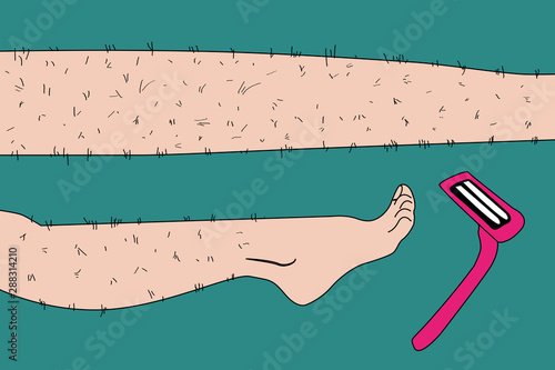 Sketch drawn in vector: woman removes hair from hairy legs with laser hair removal, shaving, waxing, shugaring on an isolated background