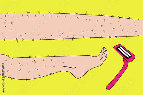 Sketch drawn in vector: woman removes hair from hairy legs with laser hair removal, shaving, waxing, shugaring on an isolated background