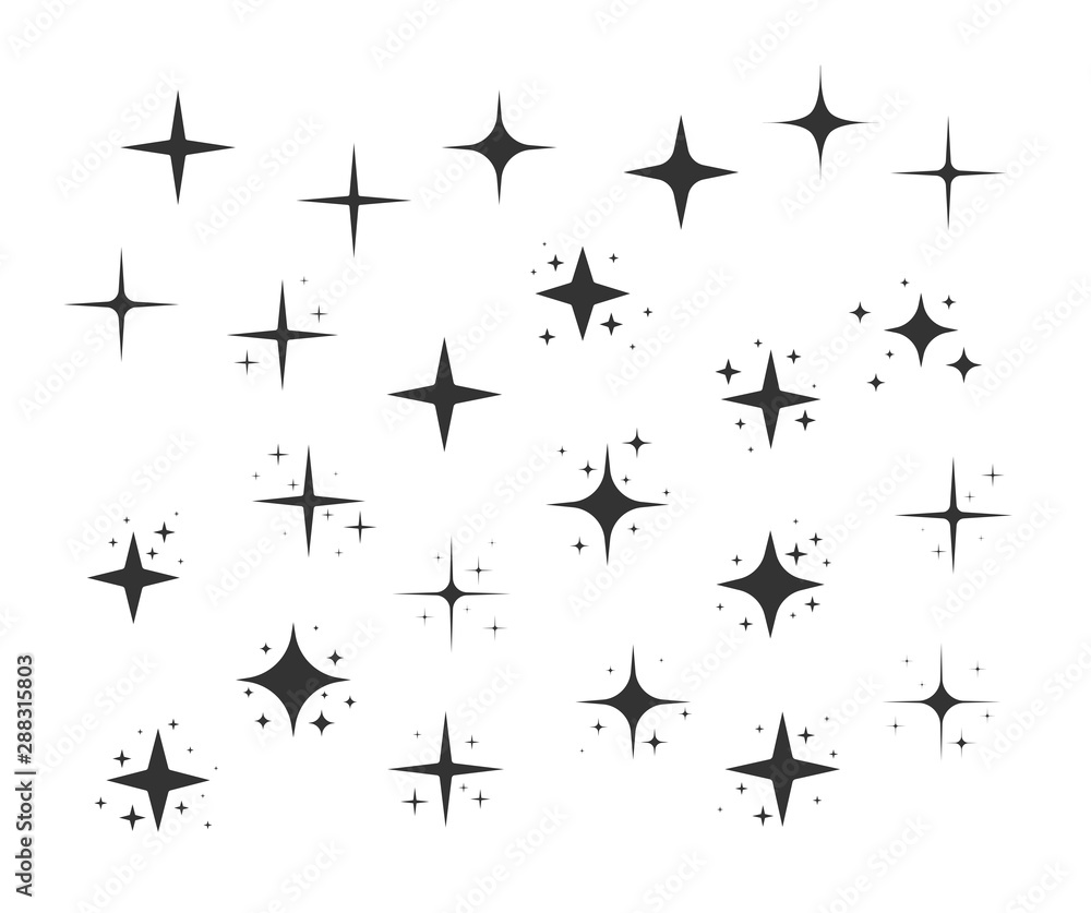 Black stars icon set, shiny flashes fireworks. Set of star elements with various glowing light effects.