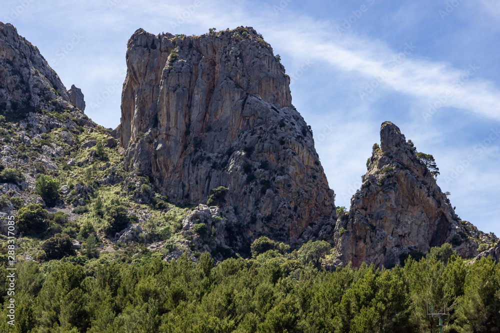 Scenic view at landscape of Serra de Tramuntana on island Mallorca, Spain on a sunny day rock formations