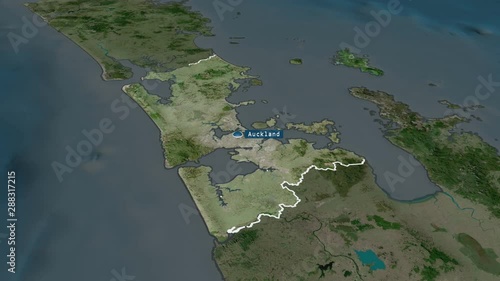 Auckland - regional council of New Zealand with its capital zoomed on the satellite map of the globe. Animation 3D